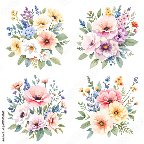 Artistic floral clusters featuring daisies peonies and meadow blooms in harmonious pastel color palette