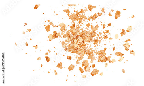Wholewheat biscuit with chocolate, oatmeal crumbs flying, isolated on white, cookie top view, vector illustration, snack, healthy food, organic bakery item.