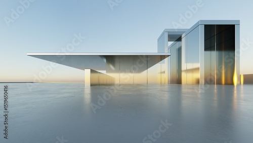 Fototapeta Naklejka Na Ścianę i Meble -  3d illustration of abstract modern architecture background, Minimal geometry architectural design, Car presentation backdrop with empty concrete floor, Geometric metal building design