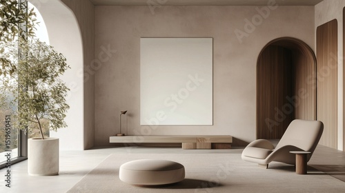 living room interior with clean lines and neutral colors, large blank white frame hanging on a light gray wall, low-profile modular sofa in light gray color, built-in shelves with geometric