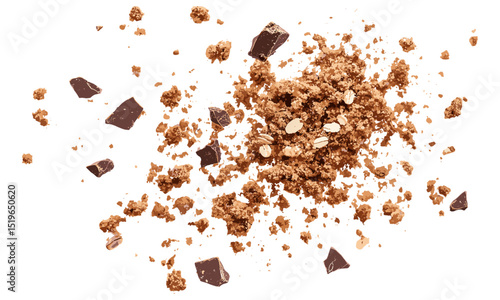 Oatmeal cookie with chocolate, wholewheat biscuit flying crumbs, isolated on white, top view, vector illustration, healthy bakery snack, organic dessert, wellness food.