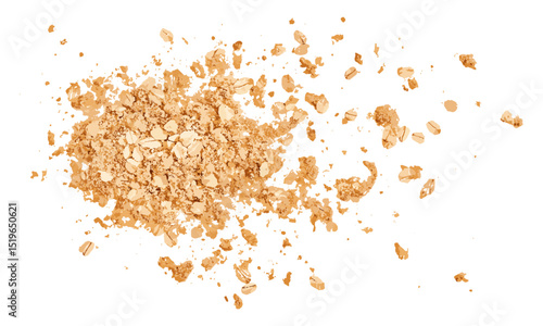 Oatmeal and chocolate biscuit, wholewheat crumbs flying, cookie isolated on white, top view, vector illustration, healthy dessert, snack, bakery product, organic food.