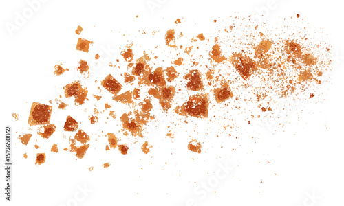Crystallized brown sugar flying, isolated on white, vector illustration, sweet ingredients, cooking, baking, sugar crystals, gourmet, food art, sugar texture.
