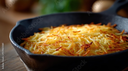 gourmet cooking, rustic kitchen with shredded hash browns in a cast iron skillet warm lighting enhances the homemade, natural texture