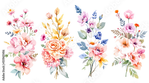 Wild flower set watercolor vector illustration