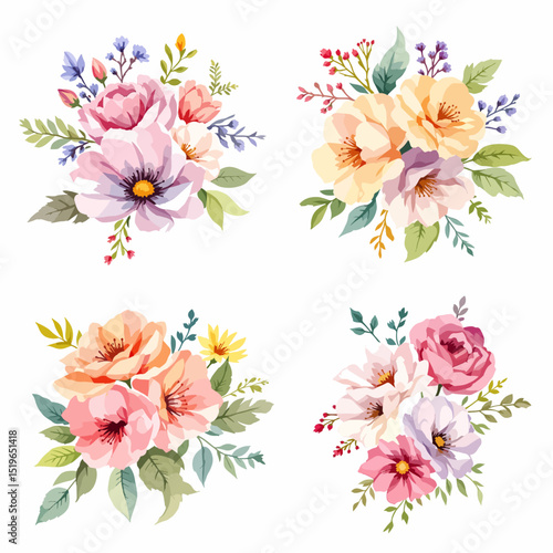 Wild flower set watercolor vector illustration