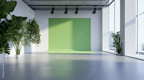 interior with concrete flooring, white walls, and a green screen area integrated into the wall panel for post-production customization
