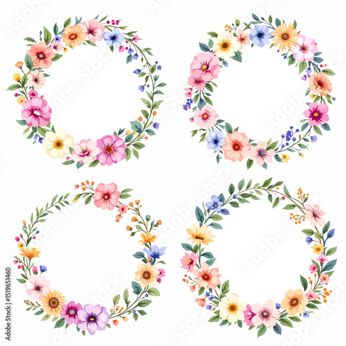 Colorful floral wreath heart design with pink spring flowers and green leaves