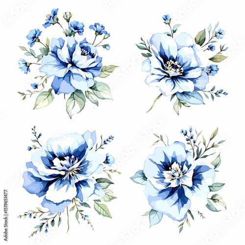 Set of Blue floral bouquet isolated on white background with classical and tropical flowers