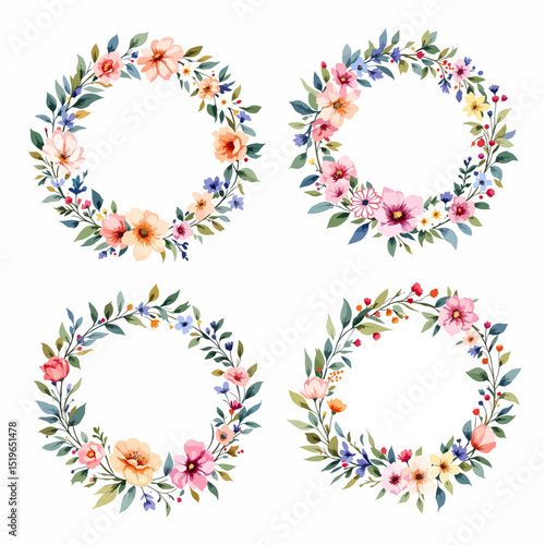 Colorful floral wreath heart design with pink spring flowers and green leaves