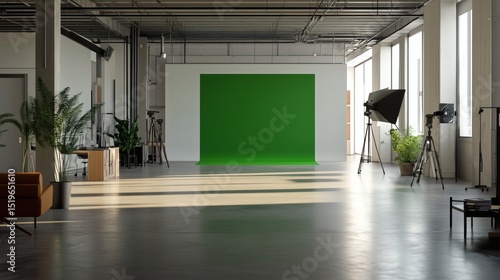 interior with concrete flooring, white walls, and a green screen area integrated into the wall panel for post-production customization