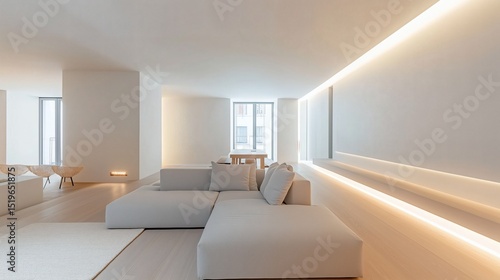 living room with minimalist design, featuring white walls, a low-profile gray sofa, natural wooden flooring, and soft ambient lighting