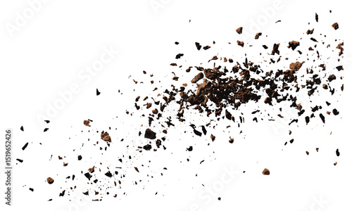 Soil pile scattered isolated on white background, dirt flying, vector illustration of earth, dirt movement, dust, soil texture, environment, nature, outdoor, land preparation.
