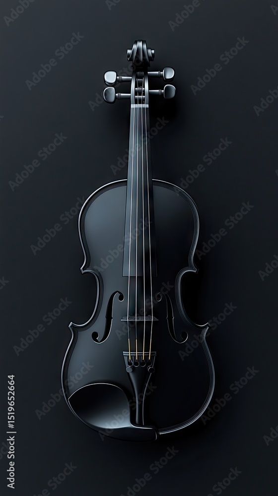 Fototapeta premium A black violin, angled to face the viewer, sits centrally on a dark background. The instrument's surface is smooth and glossy, reflecting the dark backdrop. 