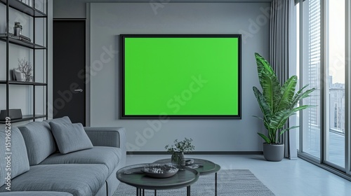 space featuring clean lines, soft natural lighting, modular grey sofa, and a built-in rectangular green screen framed like modern artwork