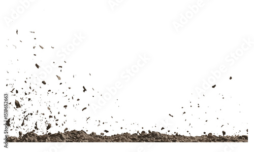 Dirt flying, soil pile scattered, isolated white background, vector illustration of dust, soil texture, farming, earth work, earth movement, land surface, nature outdoors.