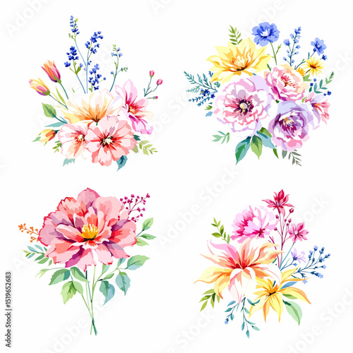 Pink spring floral bouquet vector design with blooming roses and green leaves