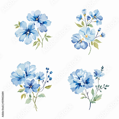 Watercolor blue flowers hand drawn floral illustration set on white background