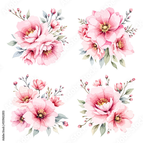 peony flower set watercolor vector illustration