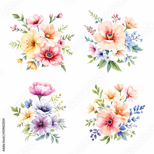 Set of floral bouquet isolated on white background with classical and tropical flowers