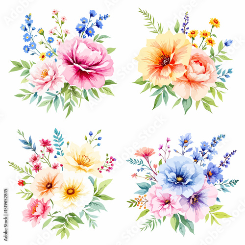 Set of floral bouquet isolated on white background with classical and tropical flowers