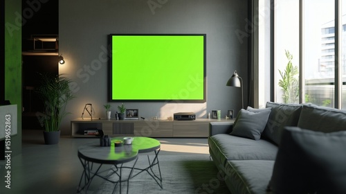 space featuring clean lines, soft natural lighting, modular grey sofa, and a built-in rectangular green screen framed like modern artwork