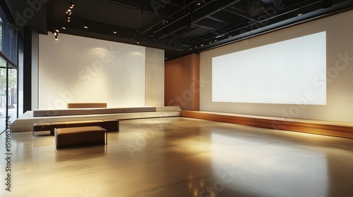with polished concrete floors, low-profile furnishings, and a built-in wall section in white left intentionally blank for digital editing purposes