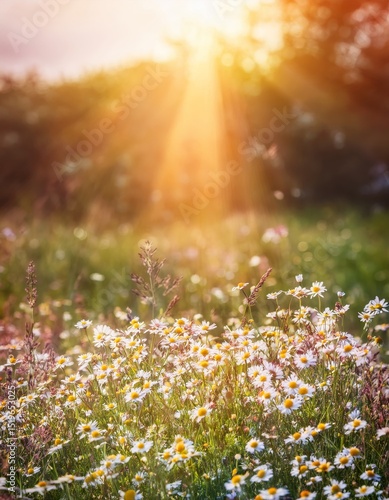 Fototapeta Naklejka Na Ścianę i Meble -  Late summer country landscape with daisies meadow and sunbeam