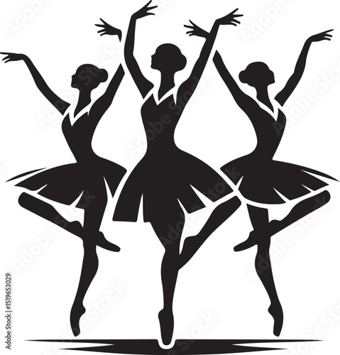 Dancing ballet silhouettes of women and girls in various poses, including couples, captured as elegant black vector illustrations