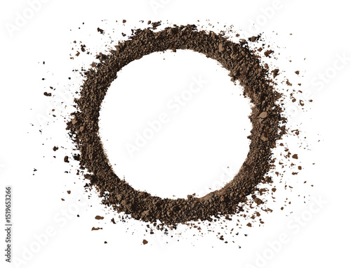 Top view of soil pile in circle shape, dirt frame isolated on white background, vector illustration, earth texture, organic matter, soil layers, nature earth concept.