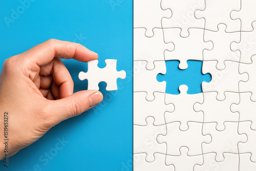 A fitting the final piece into a nearly completed puzzle symbolizes problem solving and strategic alignment in business decisions