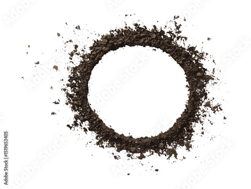 Vector illustration of dirt frame, soil pile in circular shape isolated on white background, top view, soil texture, earth elements, sustainable agriculture, eco-friendly design.