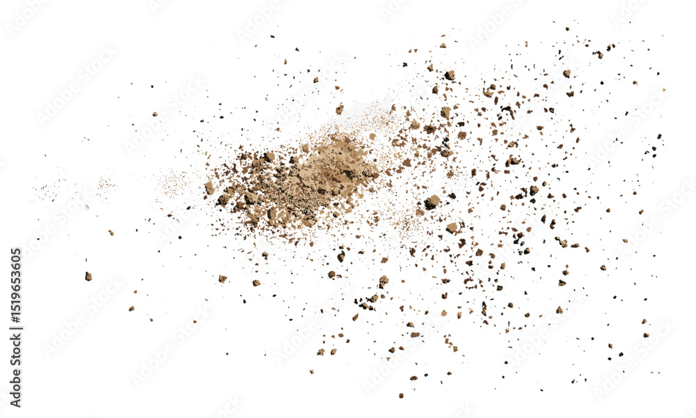 Dirt scattered, top view of soil pile flying isolated on white, vector illustration, organic matter, earth texture, gardening, agricultural elements, nature, ground particles. Dirt scattered, top view of soil pile flying isolated on white, vector illustration, organic matter, earth texture, gardening, agricultural elements, nature, ground particles.
