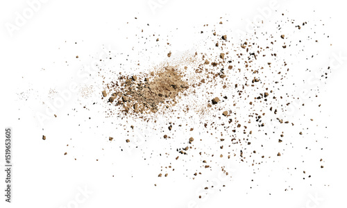 Dirt scattered, top view of soil pile flying isolated on white, vector illustration, organic matter, earth texture, gardening, agricultural elements, nature, ground particles.