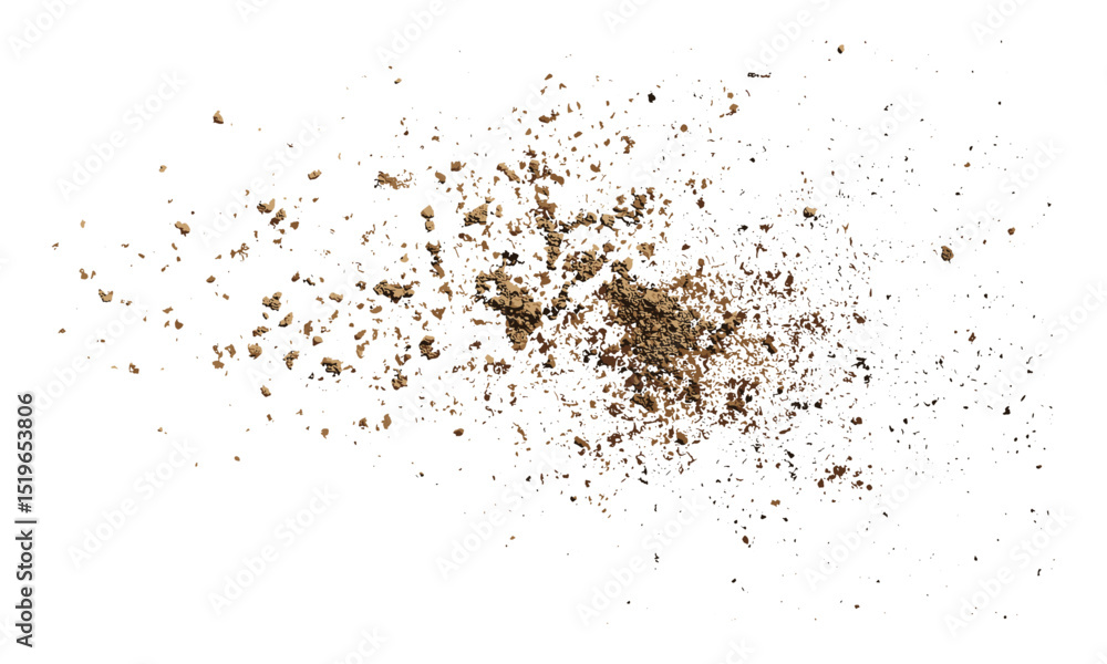Soil pile flying, dirt scattered isolated on white background, top view, earth particles, vector illustration, nature texture, gardening, environmental, organic soil, outdoor elements. Soil pile flying, dirt scattered isolated on white background, top view, earth particles, vector illustration, nature texture, gardening, environmental, organic soil, outdoor elements.