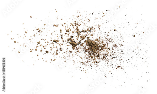Soil pile flying, dirt scattered isolated on white background, top view, earth particles, vector illustration, nature texture, gardening, environmental, organic soil, outdoor elements.
