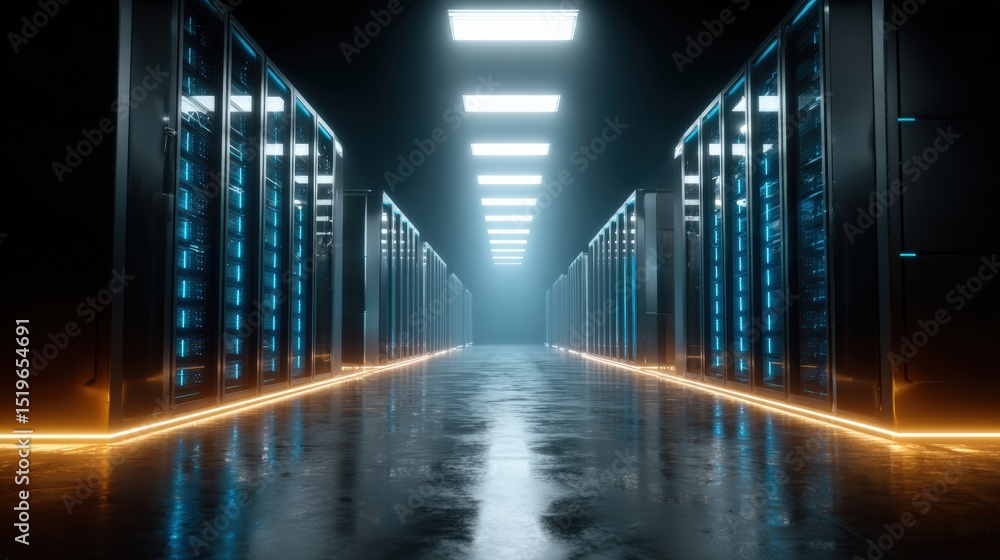 A long corridor filled with server racks and bright lights illuminating the reflective floor space A long corridor filled with server racks and bright lights illuminating the reflective floor space