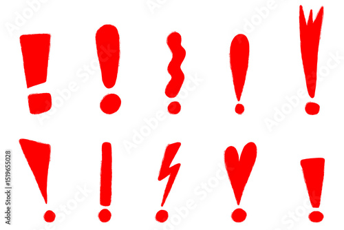 Doodle exclamation marks set.  Hand drawn exclamation point. Punctuation marks. Red vector illustration isolated on white background.