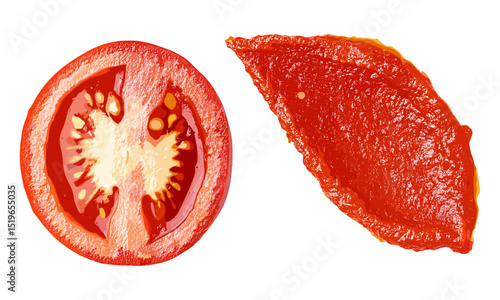 Double concentrated tomato paste spread, fresh slice, isolated on white, top view, vector illustration, healthy food, cooking ingredients, kitchen essentials, fresh produce, tomato paste.