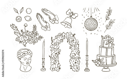 Vector hand drawn trendy summer wedding floral arch, vase, cake, disco ball outline illustration. Elegant flat minimalist hand drawn modern art for wedding invitations, menu, graphics and design