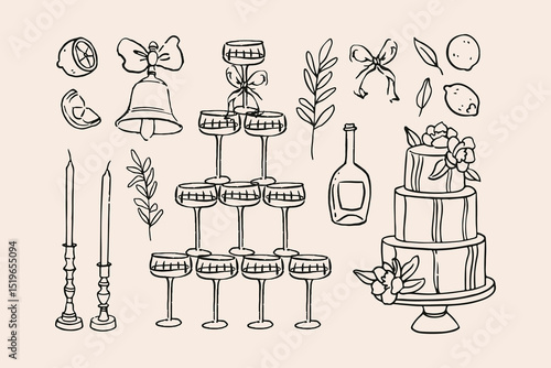 Vector hand drawn trendy summer wedding outline illustration. Elegant flat minimalist hand drawn modern art for wedding invitations, menu, graphics and design