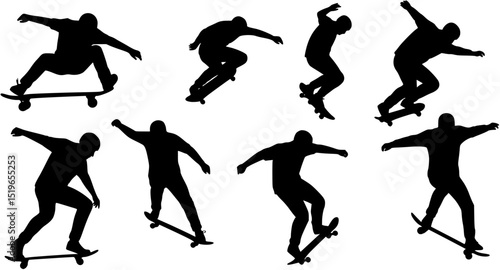 set of vector silhouettes of skateboarder, black color isolated on white background
