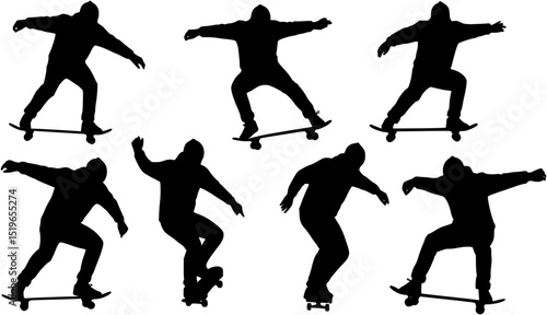 set of vector silhouettes of skateboarder, black color isolated on white background
