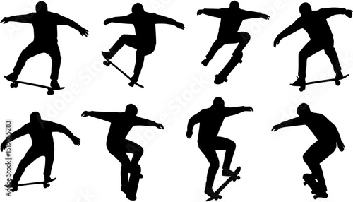 set of vector silhouettes of skateboarder, black color isolated on white background

