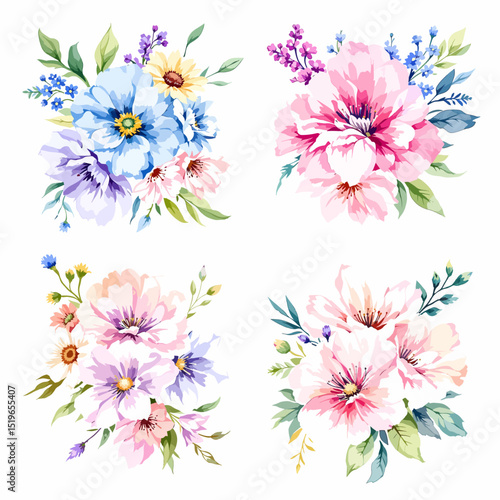Watercolor flowers hand drawn floral illustration set on white background