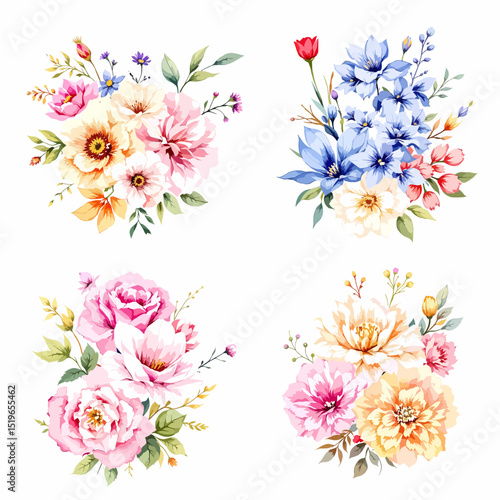Wallpaper Mural Watercolor flowers hand drawn floral illustration set on white background Torontodigital.ca