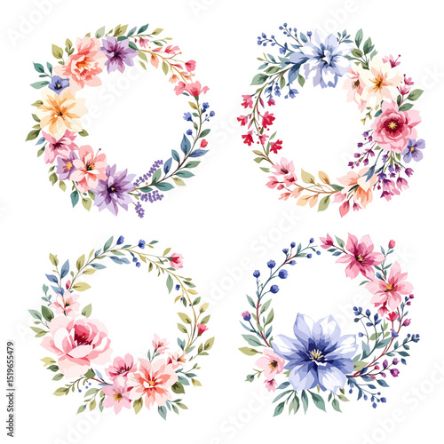 Set Watercolor Summer Floral Wreath, Summer Wreath Clipart Watercolor