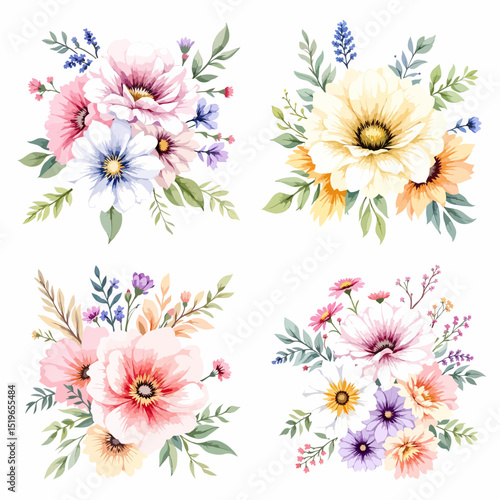 Set of floral bouquet isolated on white background with classical and tropical flowers