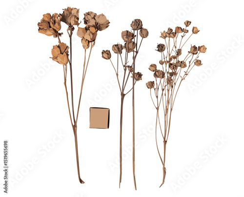 Dried flax flowers, linseed boxes isolated on white, background texture, clipping path, vector illustration, nature decor, botanical illustration, floral artwork, organic style.