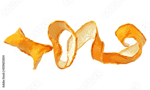 Dried orange peel, curly isolated on white background, vector illustration, citrus peel, dried fruit, orange texture, natural pattern, peel texture, orange slice, eco-friendly illustration.